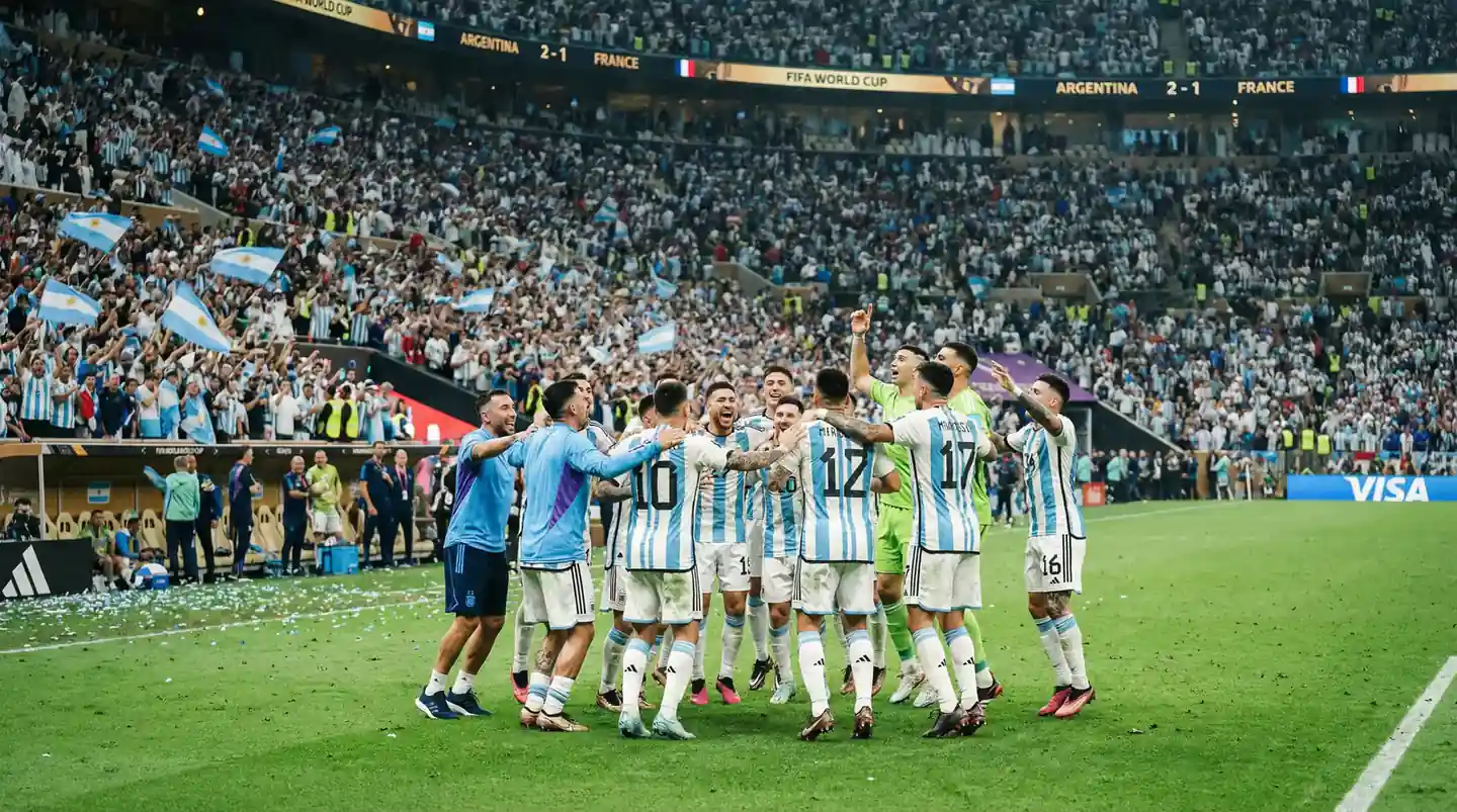 Argentīnas futbola izlase zilbaltos svītros Pasaules kausa 2026 turnīrā ar trofeju