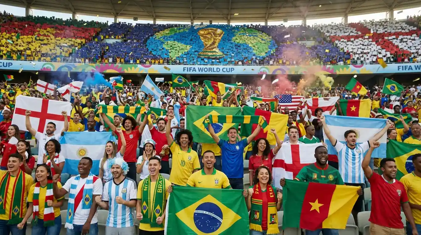 Futbola fani tribīnēs ar nacionālajiem karogiem un atribūtiku