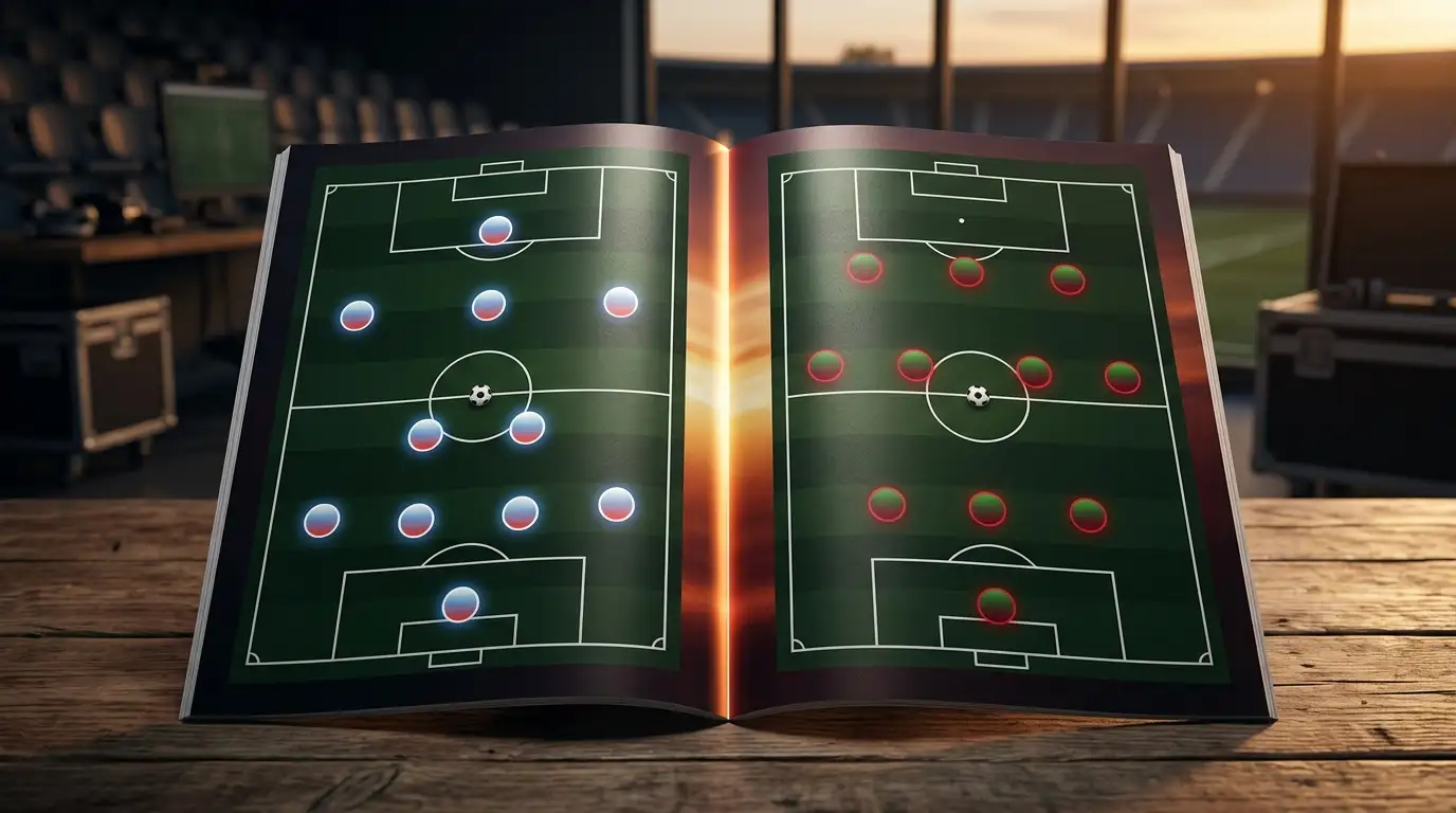 Kompakts taktisks diagrammas ar divām sākuma sastāviem — franču 4-2-3-1 zilā-baltā-sarkanā tonis un marokāņu 3-4-3 sarkanā-zaļā tonī, atdalīti ar vertikālu gaismu
