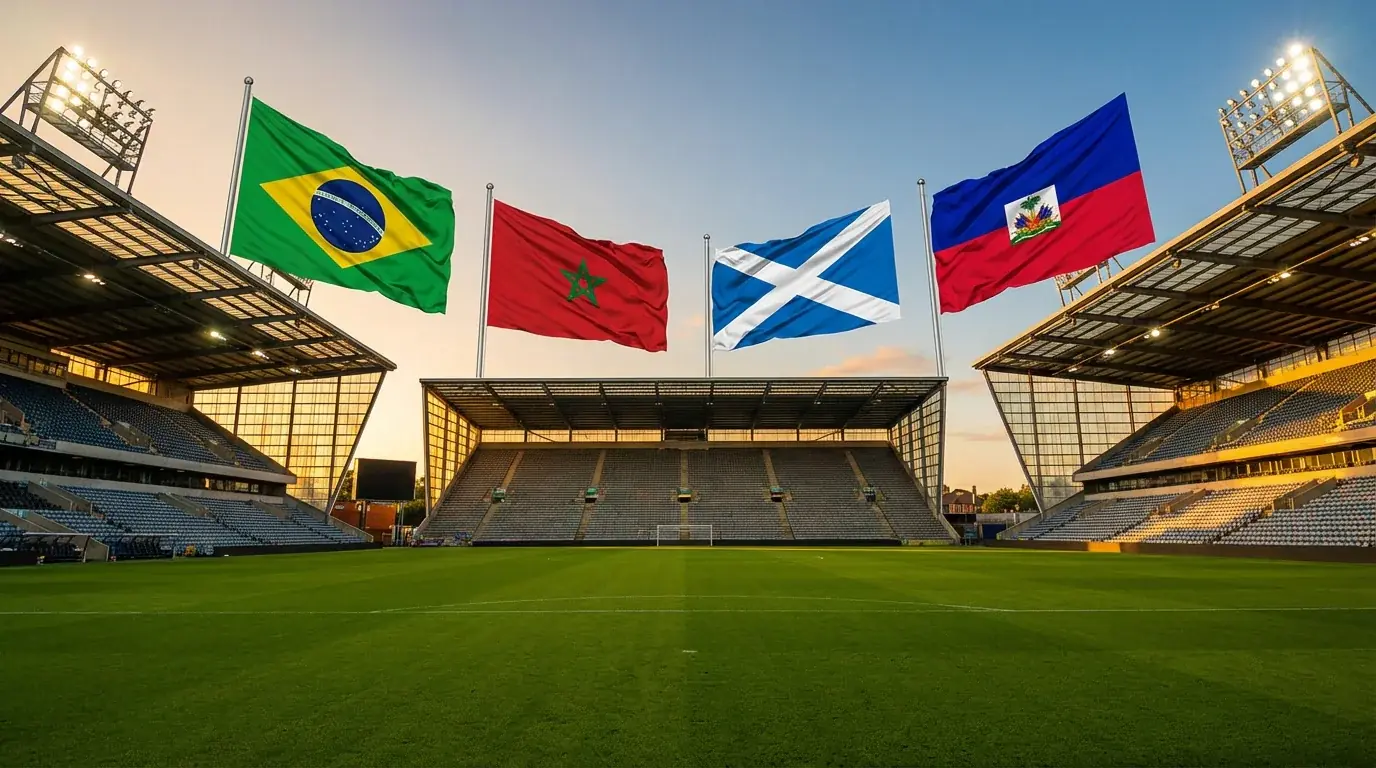 Pasaules kausa 2026 grupas C dalībnieki - Brazīlija, Maroka, Skotija un Haiti karogu kombinācija uz stadiona fona
