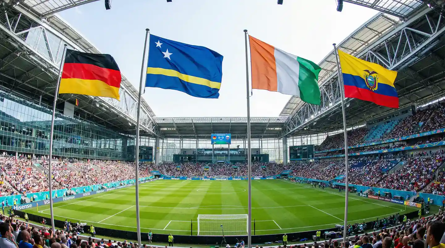 Pasaules kausa 2026 grupas E dalībnieku karogi - Vācija, Kirasao, Kotdivuāra un Ekvadora uz futbola stadiona fona