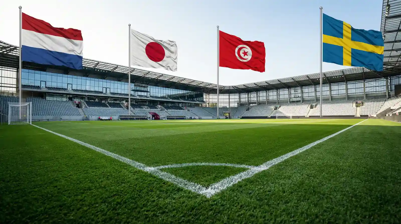 Pasaules kausa 2026 grupas F dalībnieku karogi - Nīderlande, Japāna, Tunisija un Zviedrija uz futbola laukuma fona