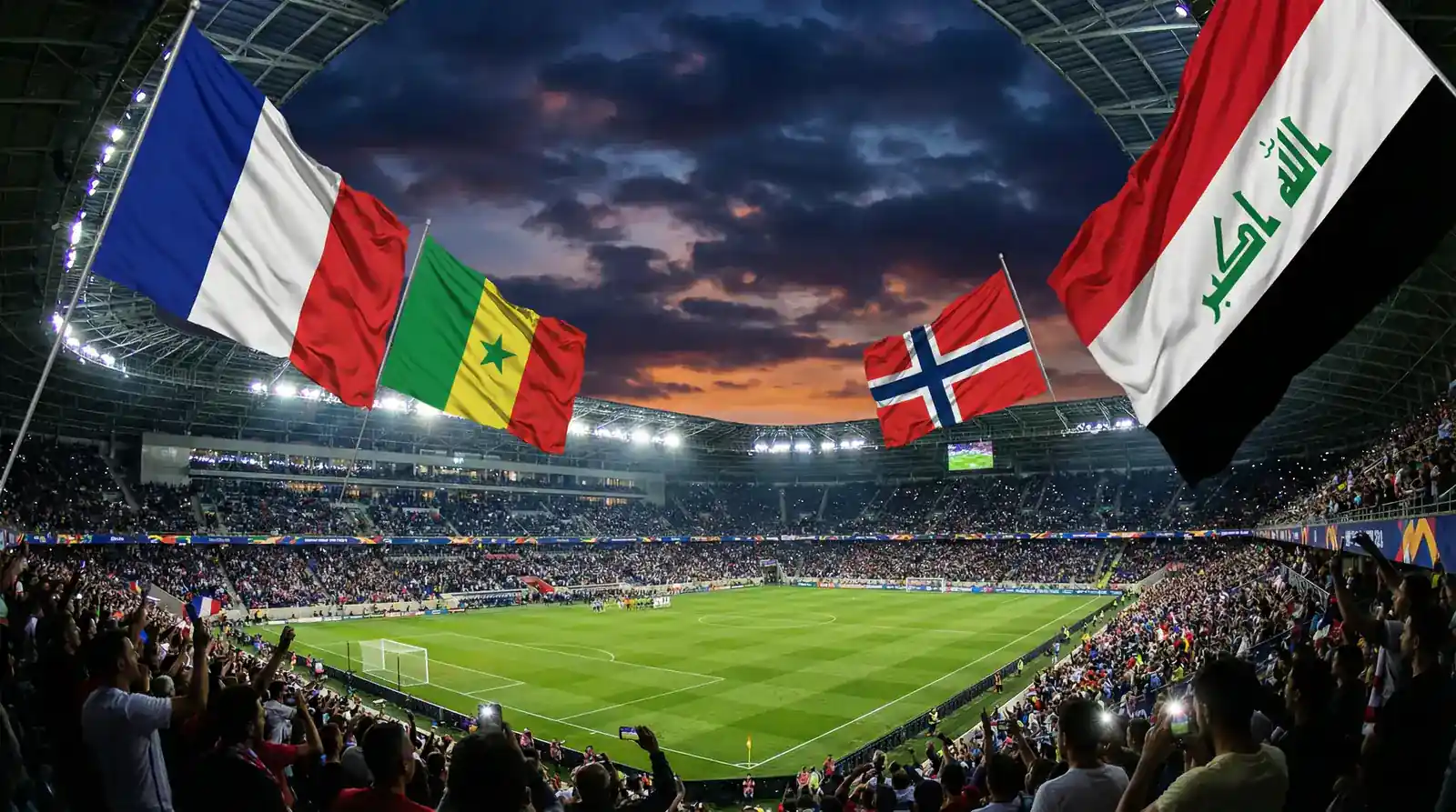 Pasaules kausa 2026 grupas I dalībnieku karogi - Francija, Senegāla, Norvēģija un Irāka ar futbola stadiona fonu
