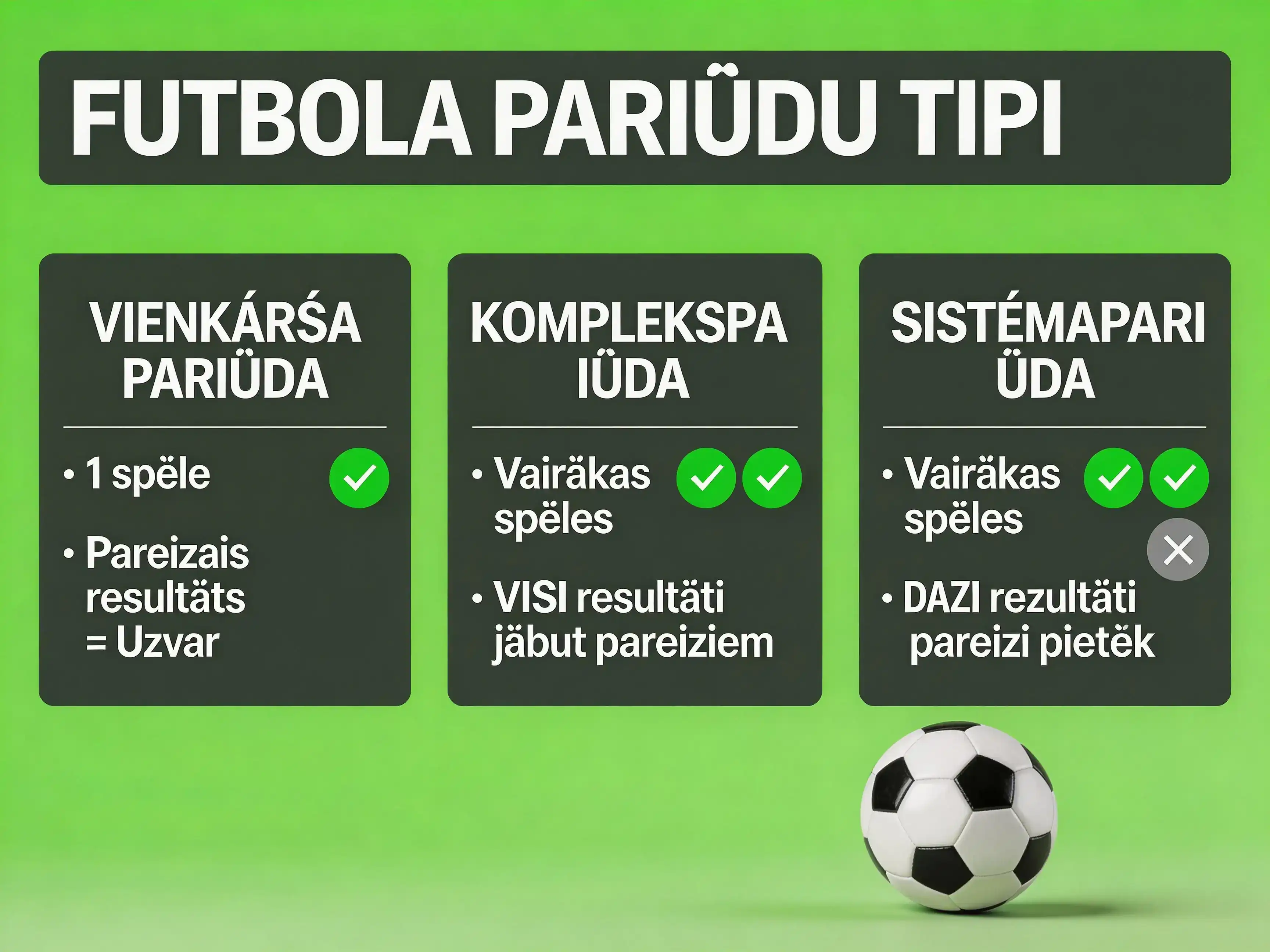 Dažādu futbola likmju veidu ilustrācija ar koeficientiem un piemēriem