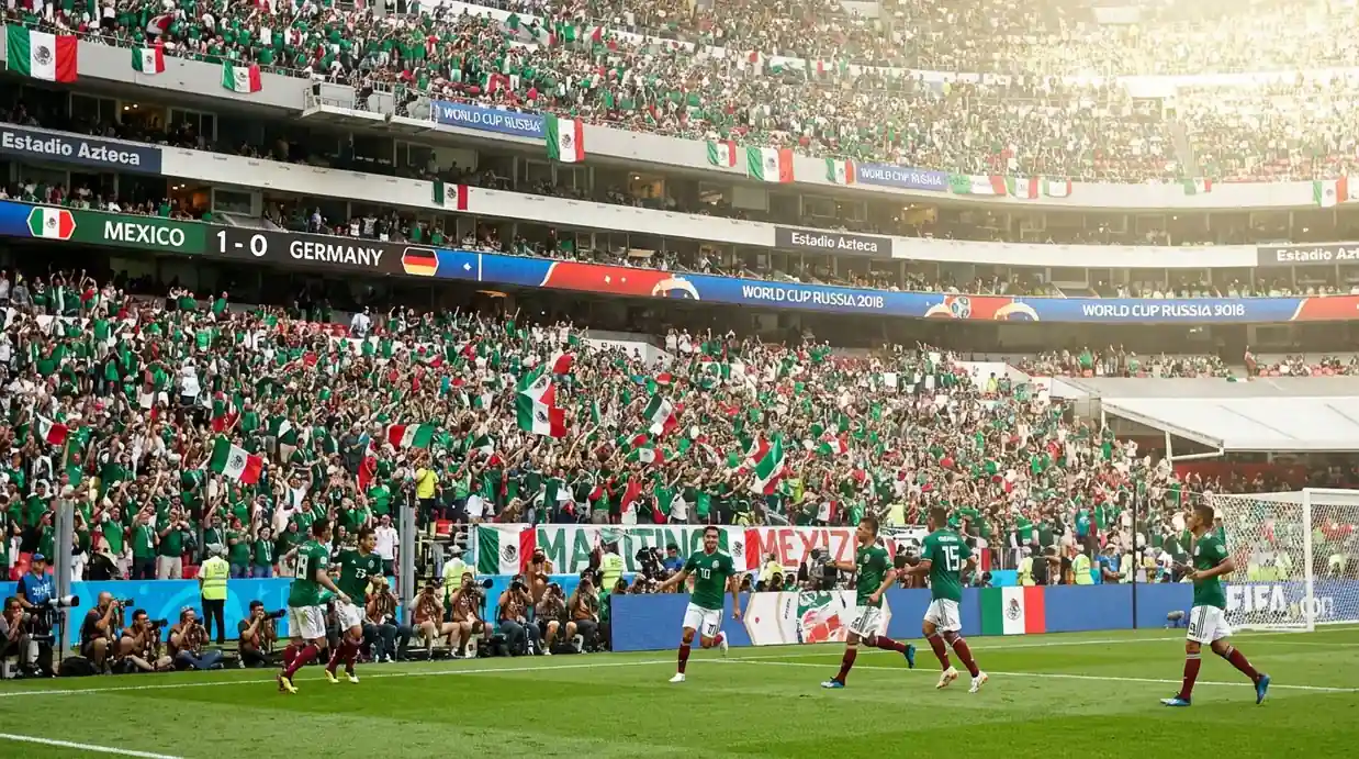 Meksikas futbola izlase zaļajos kreklos Pasaules kausa 2026 atklāšanas spēlē Estadio Azteca