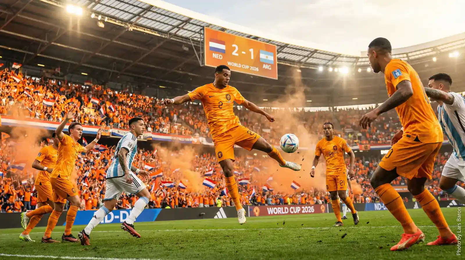 Nīderlandes futbola izlase oranžajos tērpos Pasaules kausa 2026 spēlē
