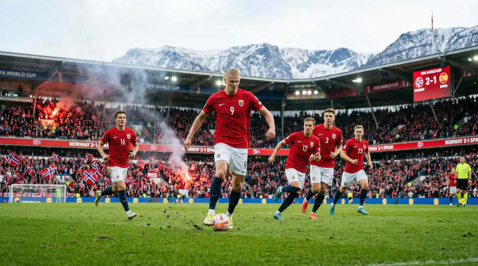 Norvēģijas futbola izlase sarkanajās kreklās ar Ērlingu Holandu Pasaules kausa 2026 spēlē