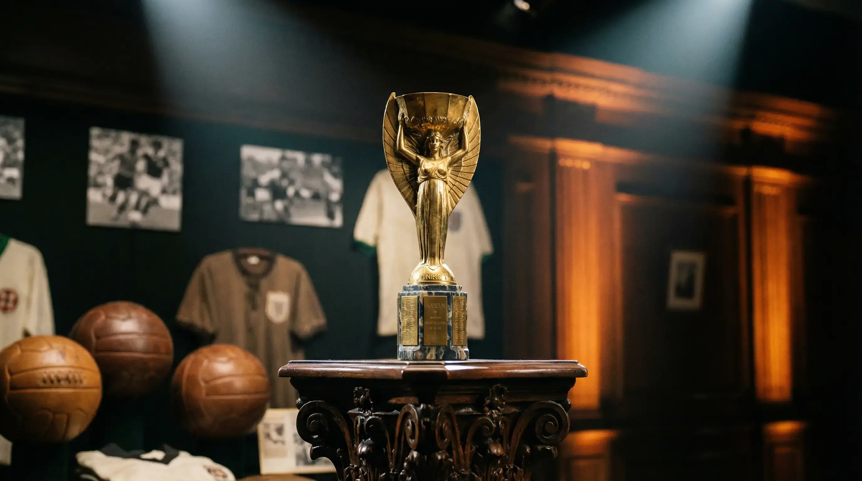 FIFA Pasaules kausa trofeja ar vēsturiskiem momentiem no dažādiem turnīriem