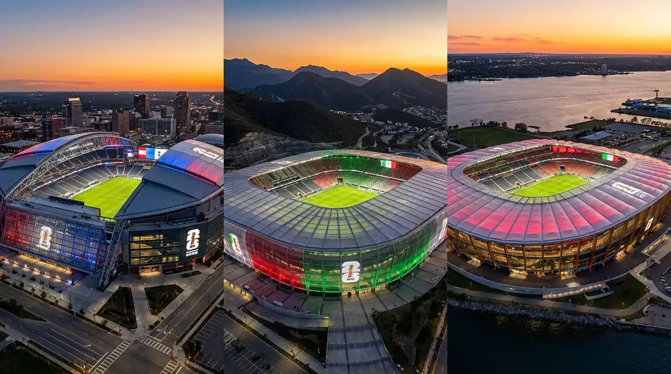 FIFA Pasaules Kausa 2026 turnīra vizualizācija ar trīs valstu stadioniem
