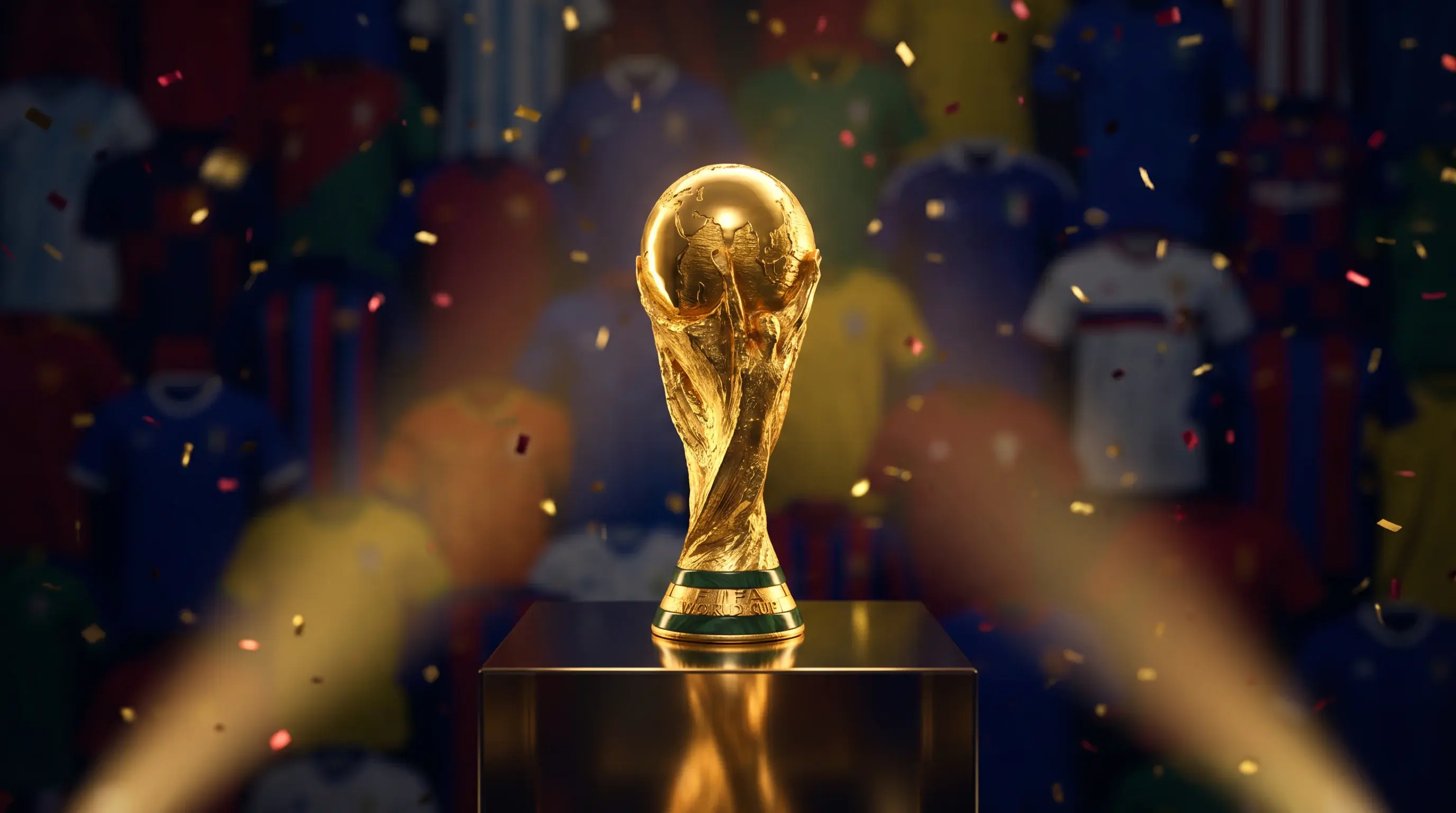 FIFA Pasaules kausa trofeja ar 2026. gada turnīra logo