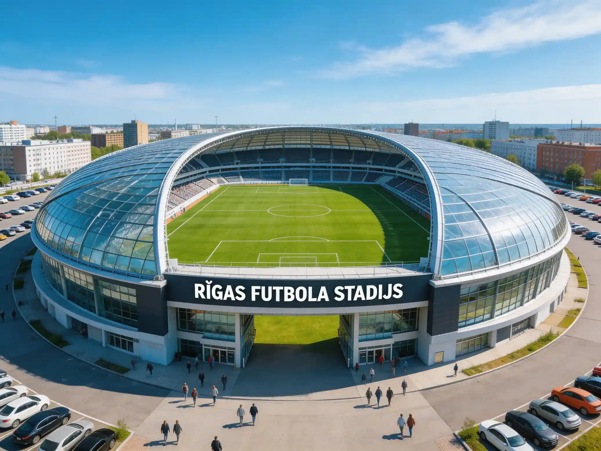 Moderns futbola stadions ar zaļu laukumu un tukšām tribīnēm