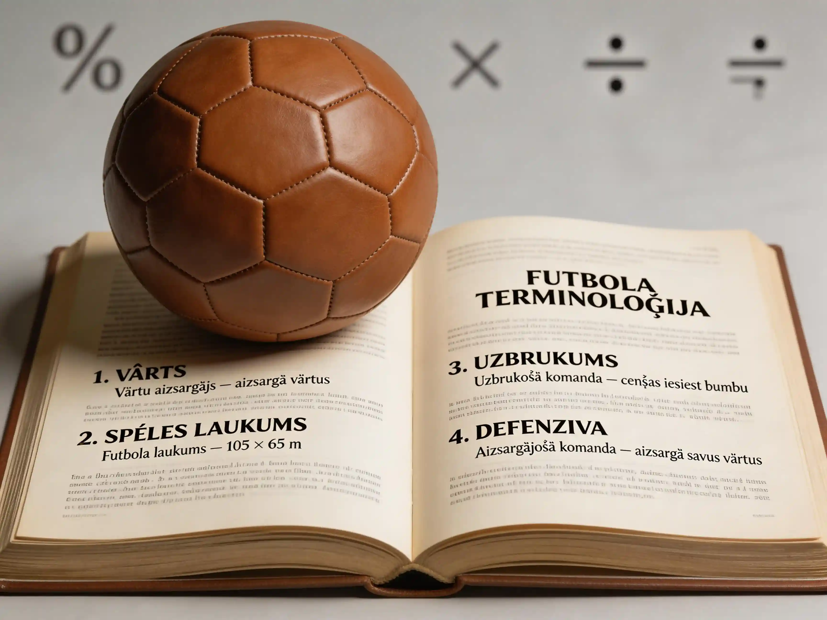 Sporta derību terminu ilustrācija ar futbola un matemātikas elementiem - vārdnīca latviešu valodā